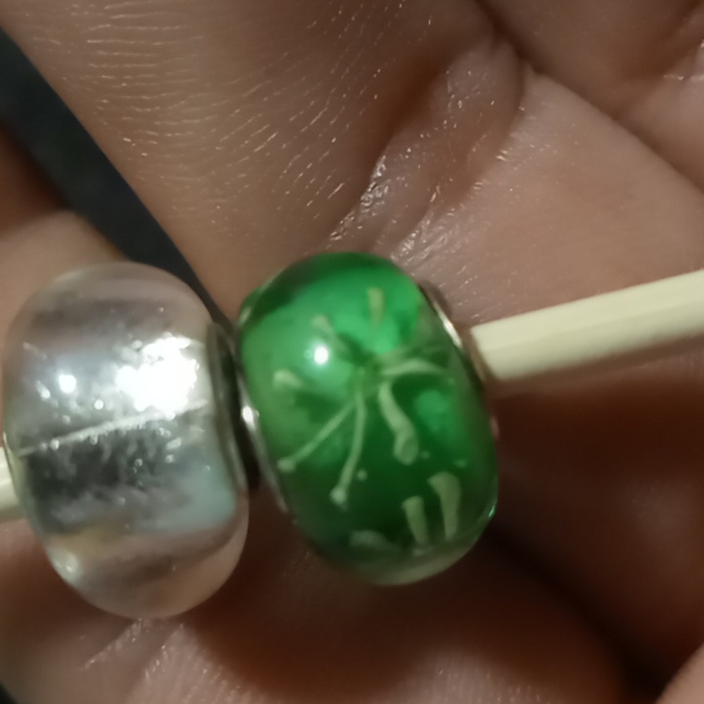 Sterling silver Art glass bracelet charm green star burst & foil glass beads